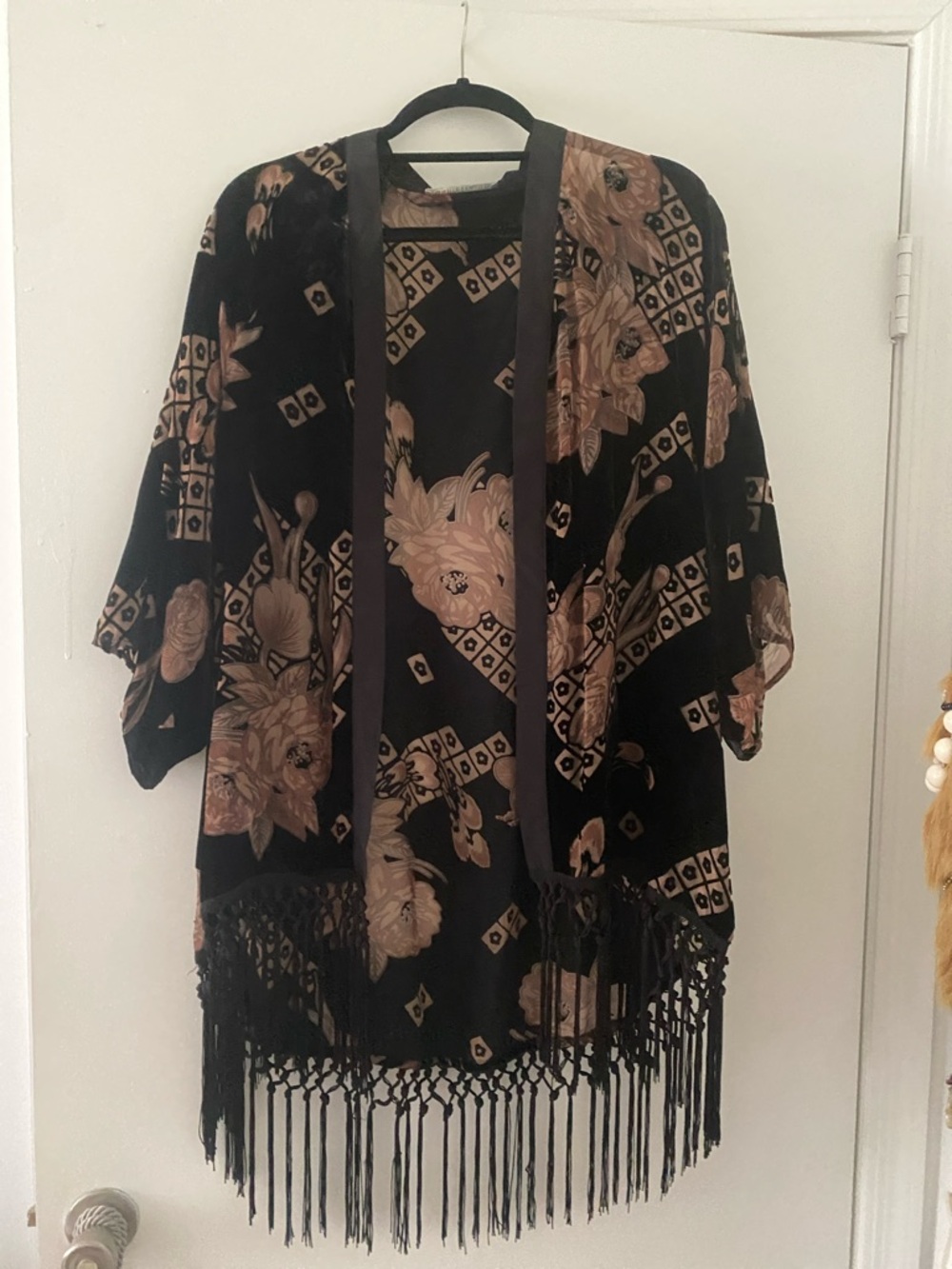 Daniel Rainn Black and Brown Floral Fringe Kimono